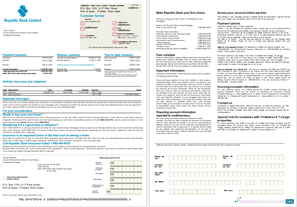 Trinidad and Tobago Republic Bank mortgage statement in Word and PDF formats, 2 pages